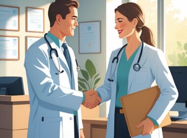A doctor shaking hands with a colleague in a medical office, holding a folder, with a reception desk and certificates in the background.