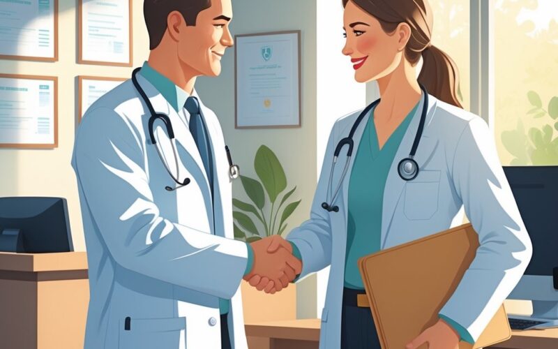 A doctor shaking hands with a colleague in a medical office, holding a folder, with a reception desk and certificates in the background.
