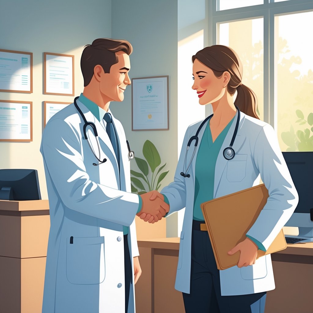 A doctor shaking hands with a colleague in a medical office, holding a folder, with a reception desk and certificates in the background.