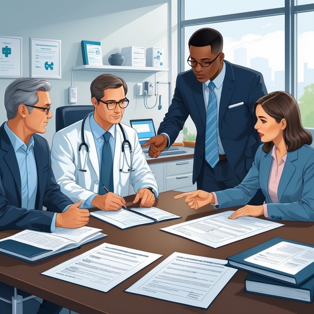 Medical professionals and a lawyer reviewing documents together in an office setting.