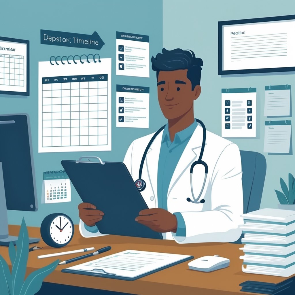 A medical professional at a desk reviewing a departure timeline with a calendar, checklist, and patient files in a medical office.
