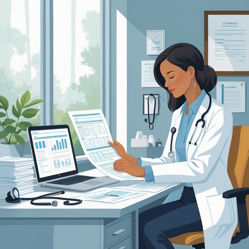 A healthcare professional reviewing documents in a medical office with a desk, laptop, and medical items, appearing focused and thoughtful.