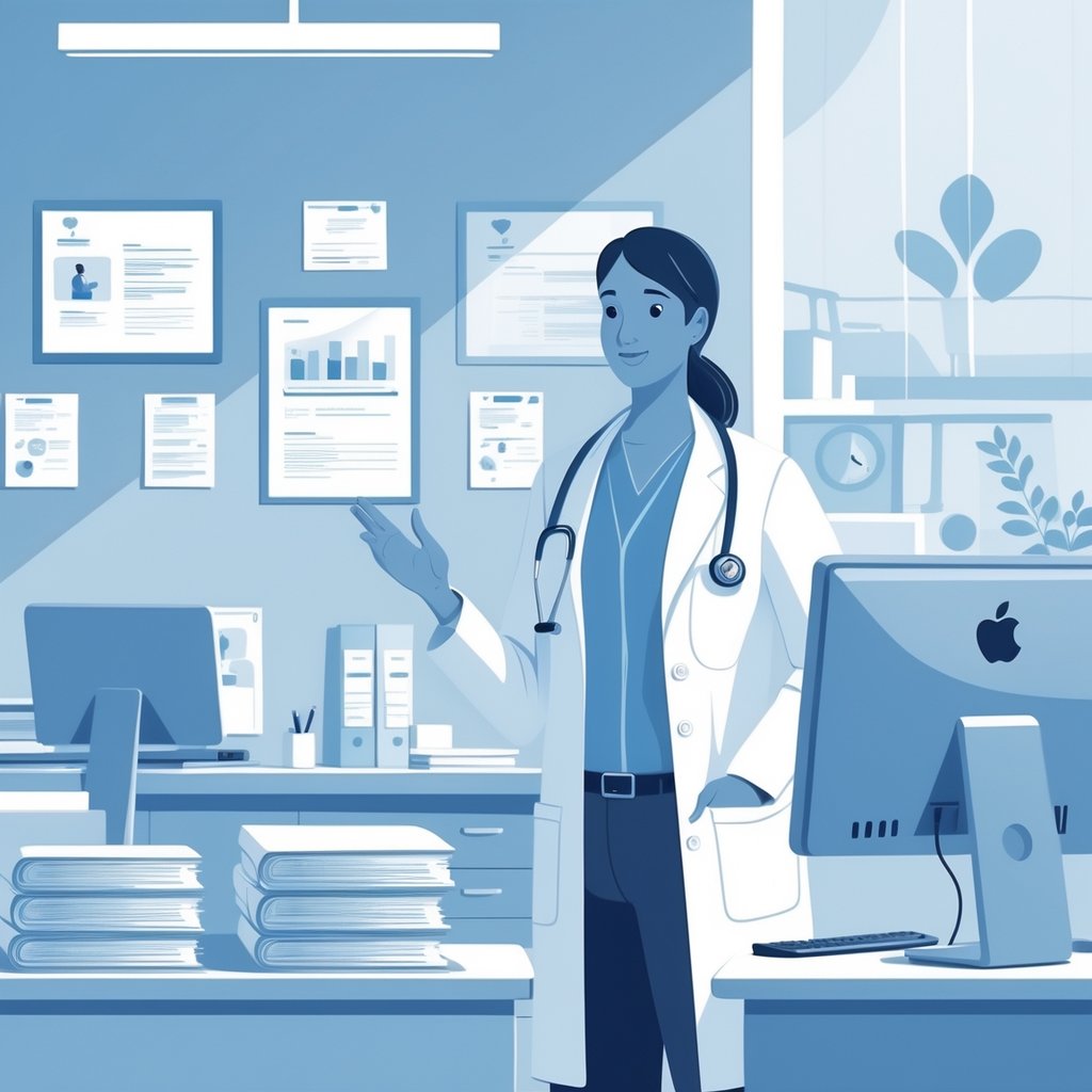 A healthcare professional standing thoughtfully near a desk in a medical office with medical equipment and certificates visible in the background.