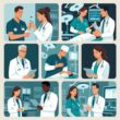 Illustration showing different scenes of medical malpractice including wrong medication, surgical error, misdiagnosis, and birth injury with doctors and patients in medical settings.