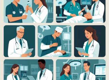 Illustration showing different scenes of medical malpractice including wrong medication, surgical error, misdiagnosis, and birth injury with doctors and patients in medical settings.