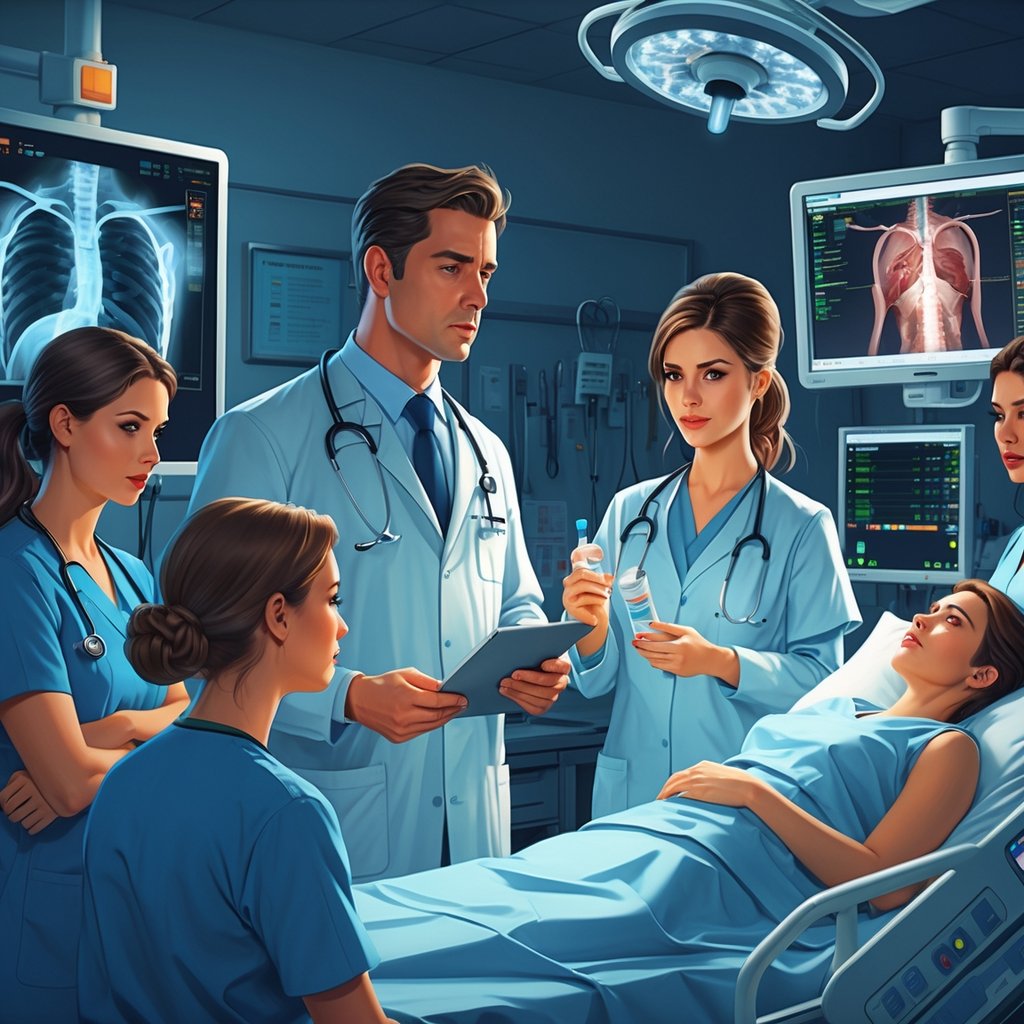 Healthcare professionals in a hospital showing different medical errors, including a doctor examining an X-ray, a nurse with medication, a surgeon in an operating room, and a worried patient in a bed.
