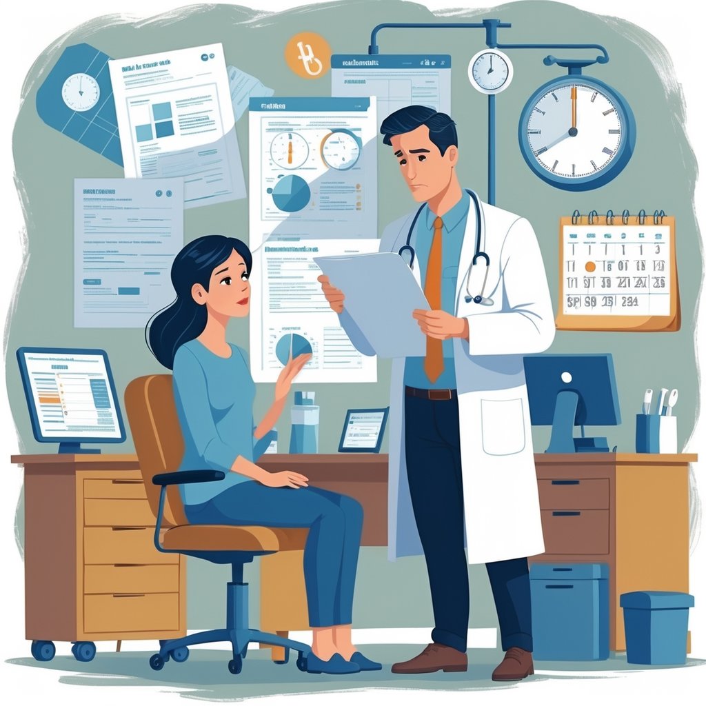 A worried patient and a doctor reviewing medical charts in a hospital office, with symbols of overlapping reports and a clock indicating delayed diagnosis.