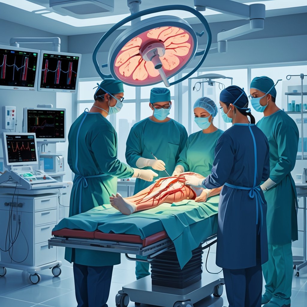 A surgical team operating on a patient in an operating room, showing common surgical mistakes like accidental bleeding, a misplaced instrument, wrong site surgery, and medication errors.