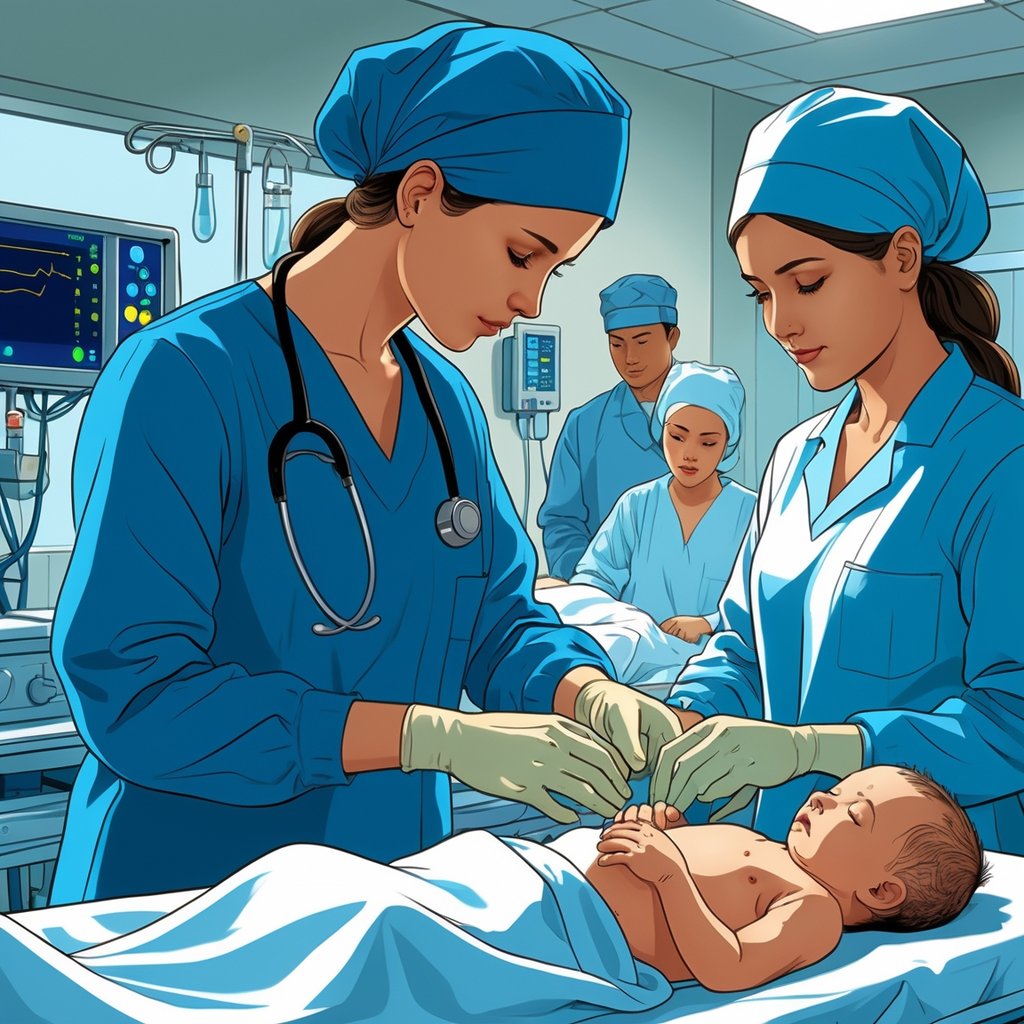 A hospital delivery room with medical staff attending to a newborn baby and mother, showing a careful examination after birth.