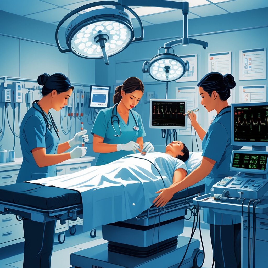 A hospital operating room scene showing healthcare professionals preparing to administer medication and anesthesia, with visual cues highlighting common errors and patient monitoring equipment.