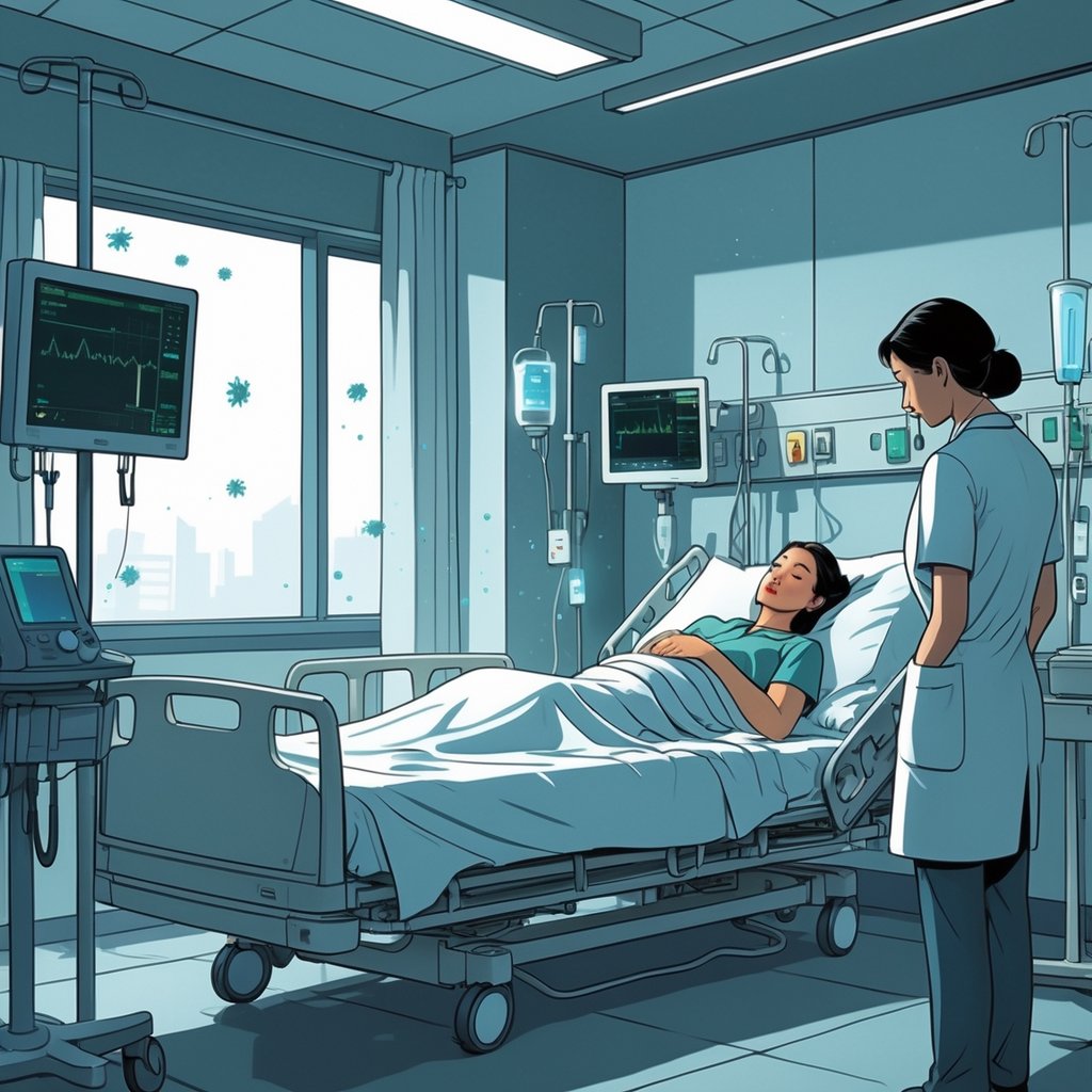 A hospital room with a patient lying in bed appearing weak, with subtle germs visible around and a healthcare worker ignoring the patient.