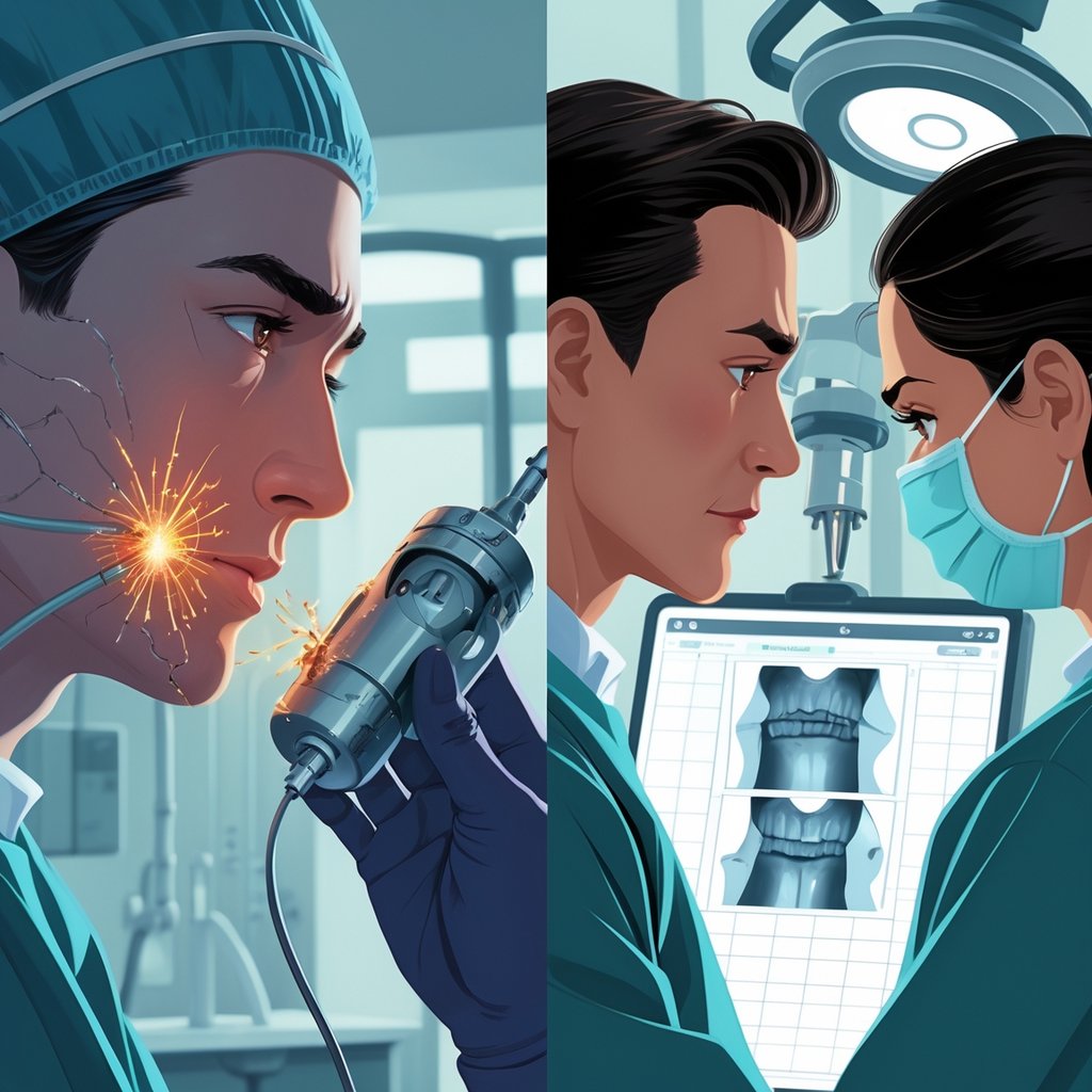 A medical professional examining a broken medical device and a dentist reviewing dental X-rays showing possible mistakes in a clinical setting.