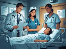 A hospital room with a worried doctor and nurse looking at medical charts while a distressed patient lies in bed, with a courtroom scene faintly visible in the background.