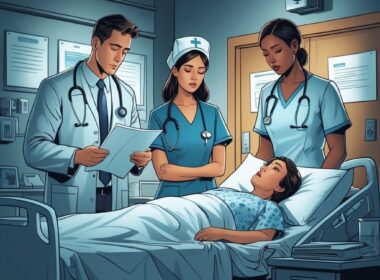 A hospital room with a worried doctor and nurse looking at medical charts while a distressed patient lies in bed, with a courtroom scene faintly visible in the background.