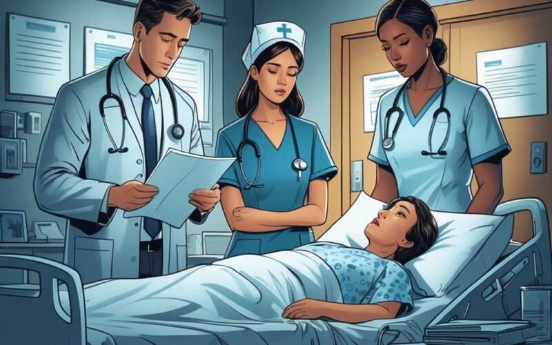 A hospital room with a worried doctor and nurse looking at medical charts while a distressed patient lies in bed, with a courtroom scene faintly visible in the background.