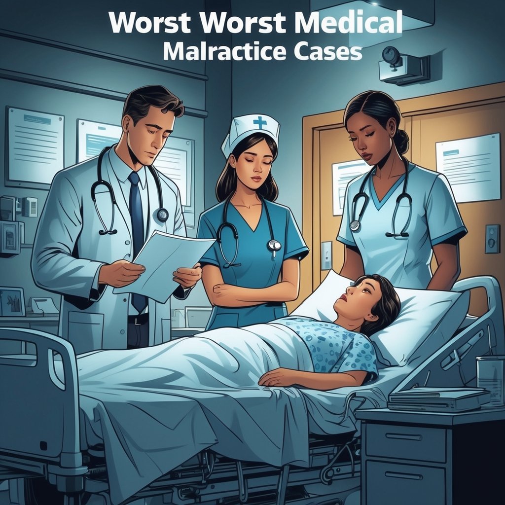 A hospital room with a worried doctor and nurse looking at medical charts while a distressed patient lies in bed, with a courtroom scene faintly visible in the background.