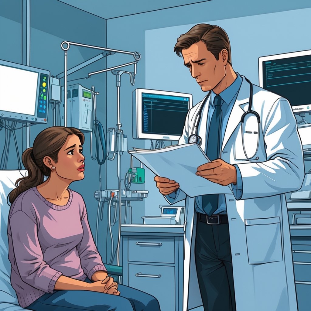 A doctor reviewing a patient's chart in a hospital room while a worried patient or family member looks on, conveying concern and seriousness.