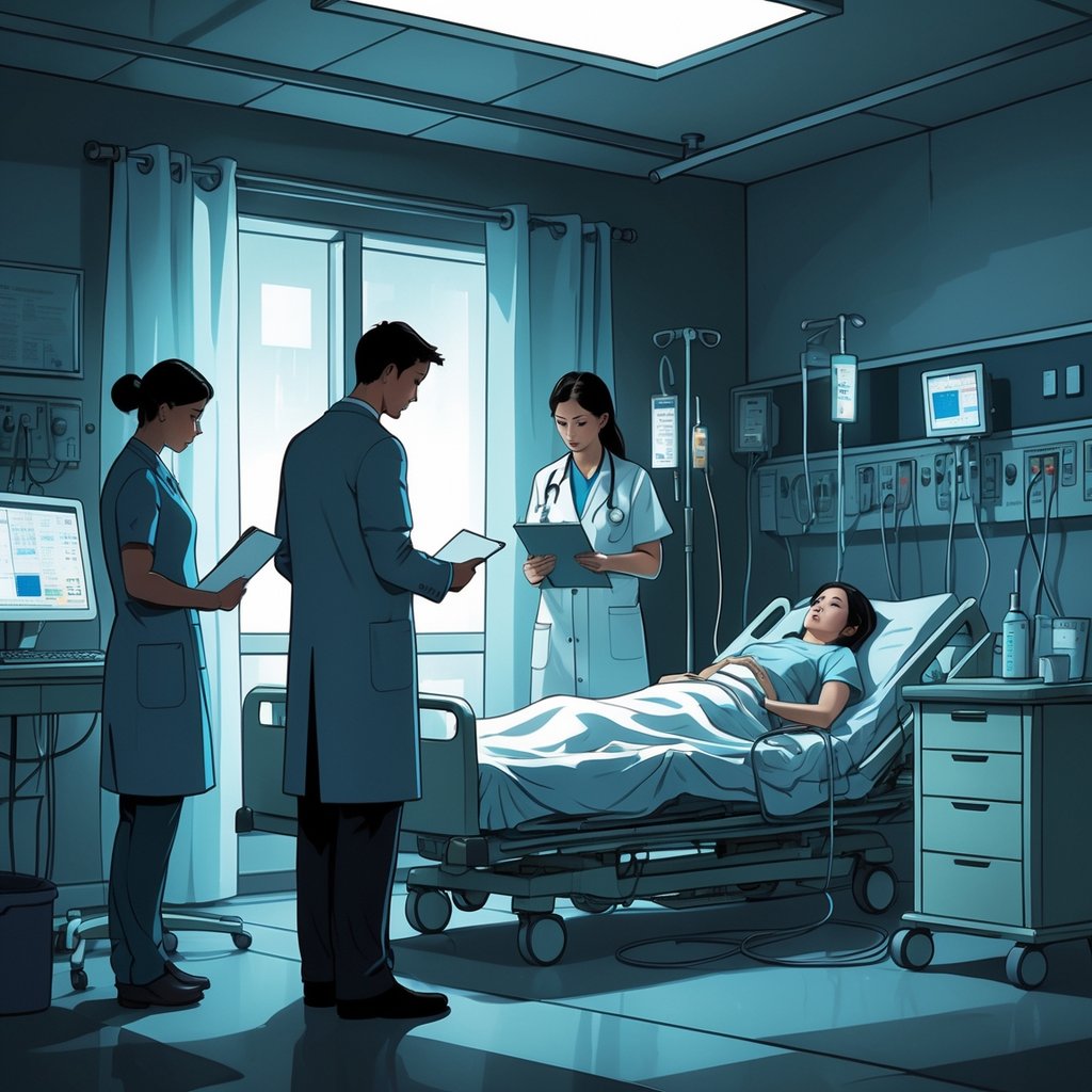 A doctor and nurse review medical charts near a hospital bed where a patient is connected to medical equipment, conveying a serious hospital environment.
