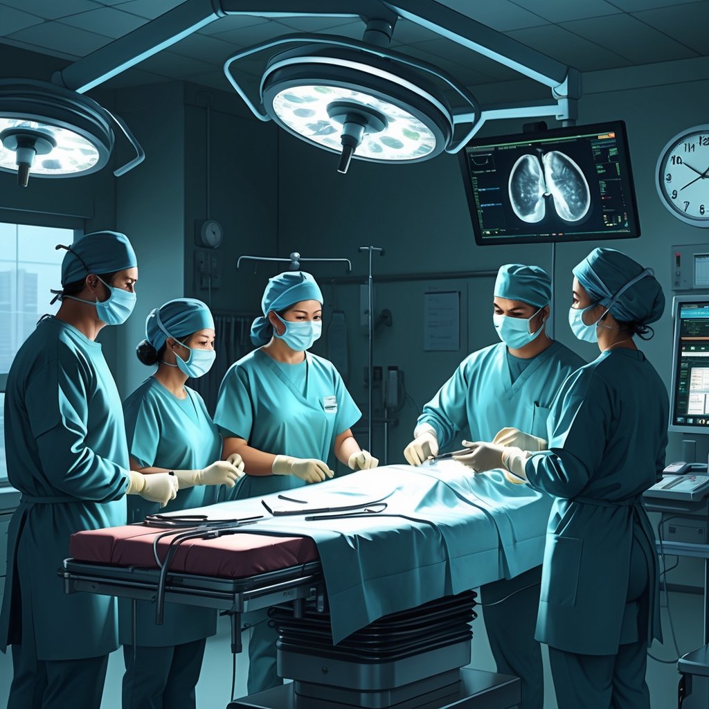 A hospital operating room with a surgical team showing concern while performing surgery, highlighting mistakes and errors in the procedure.