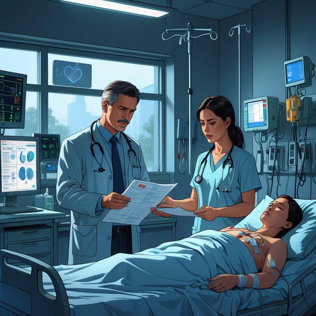 A hospital emergency room where a doctor and nurse urgently review medical charts next to a patient lying in a hospital bed connected to monitors.