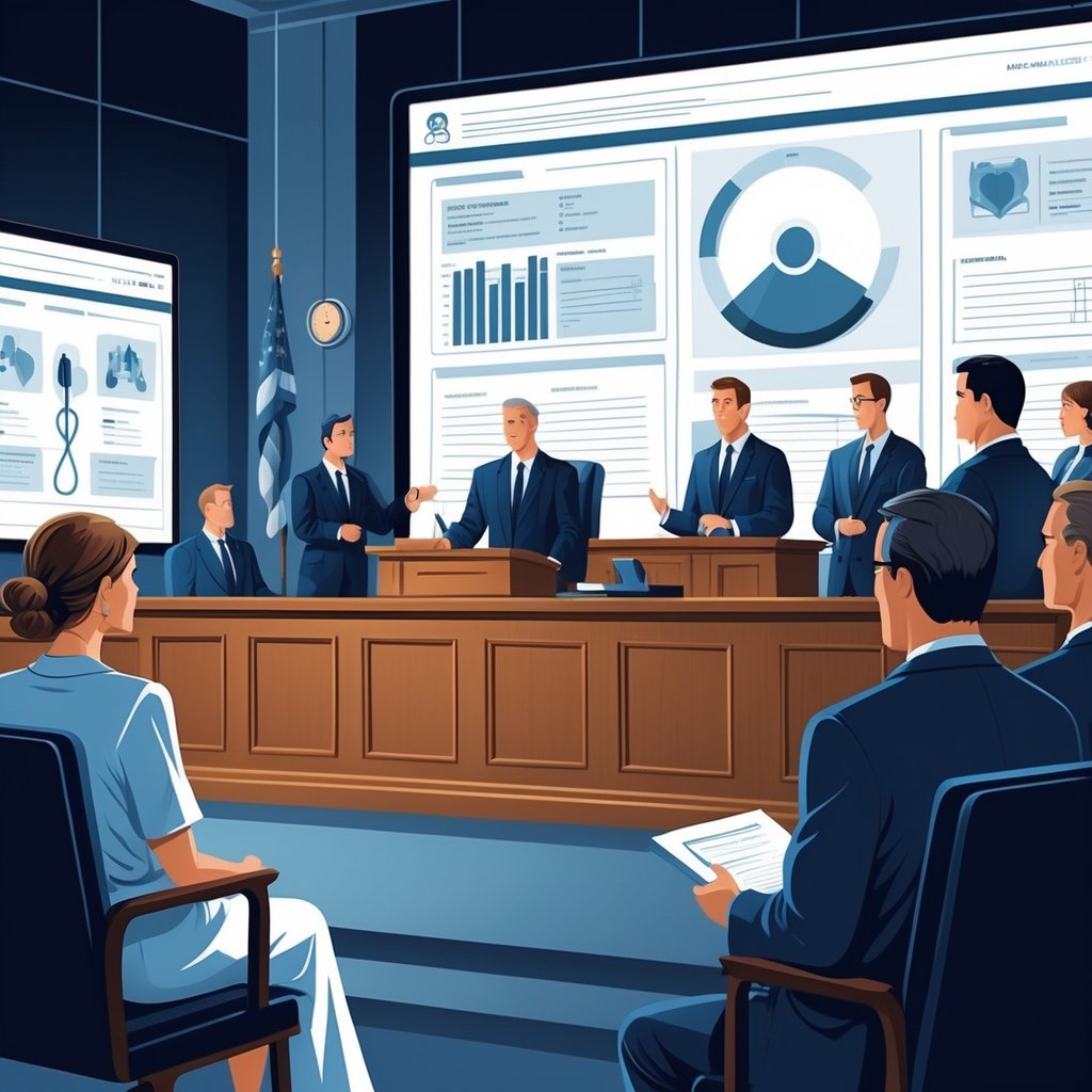 A courtroom scene showing a judge, lawyers, a jury, and a distressed patient or family member with medical instruments and documents nearby.