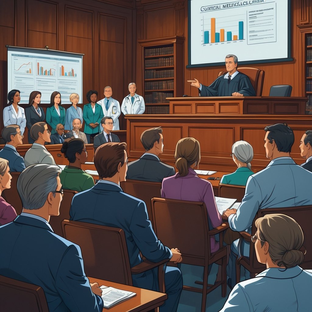 A courtroom scene with a judge, jurors, a lawyer presenting evidence, a patient with family, and medical professionals observing.