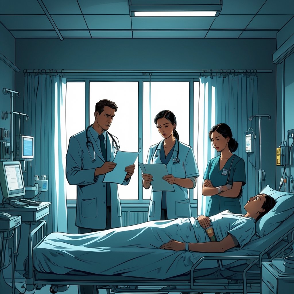 A hospital room with a worried doctor and nurse reviewing charts beside a distressed patient in bed, while a concerned family member looks on.