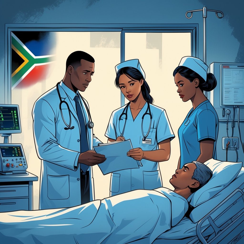 A doctor and nurse reviewing a patient's chart beside a hospital bed with a South African flag in the background.