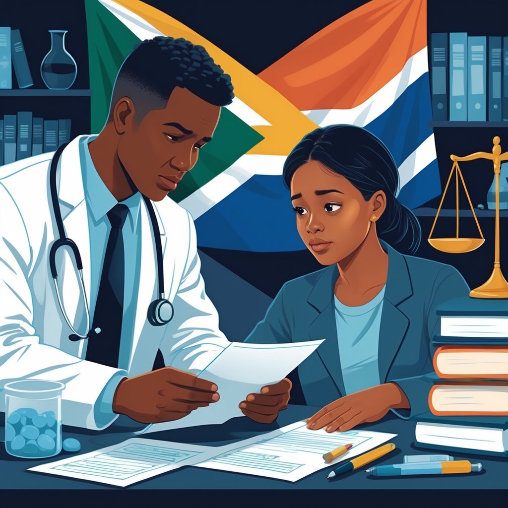 A doctor and a patient in a clinic with a South African flag in the background, a scale of justice and legal books on a shelf nearby.