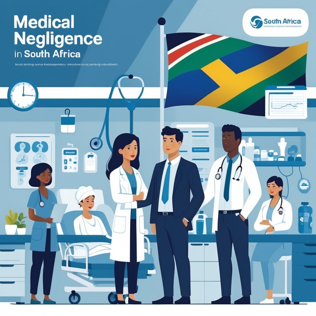 A hospital scene where medical staff care for patients while a patient and family member talk to a legal professional, with a South African flag in the background.
