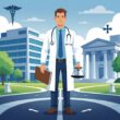 A doctor in a white coat stands between a hospital and a courthouse, holding a medical law book and a legal scale.