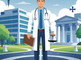 A doctor in a white coat stands between a hospital and a courthouse, holding a medical law book and a legal scale.
