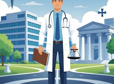 A doctor in a white coat stands between a hospital and a courthouse, holding a medical law book and a legal scale.