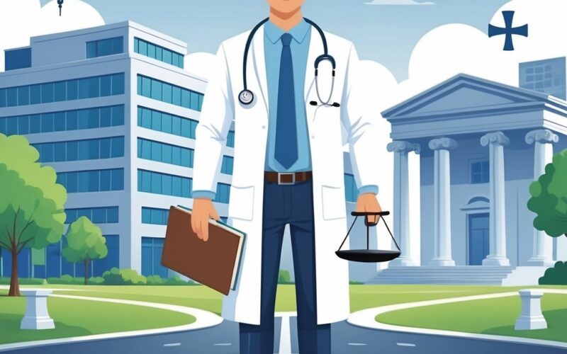 A doctor in a white coat stands between a hospital and a courthouse, holding a medical law book and a legal scale.