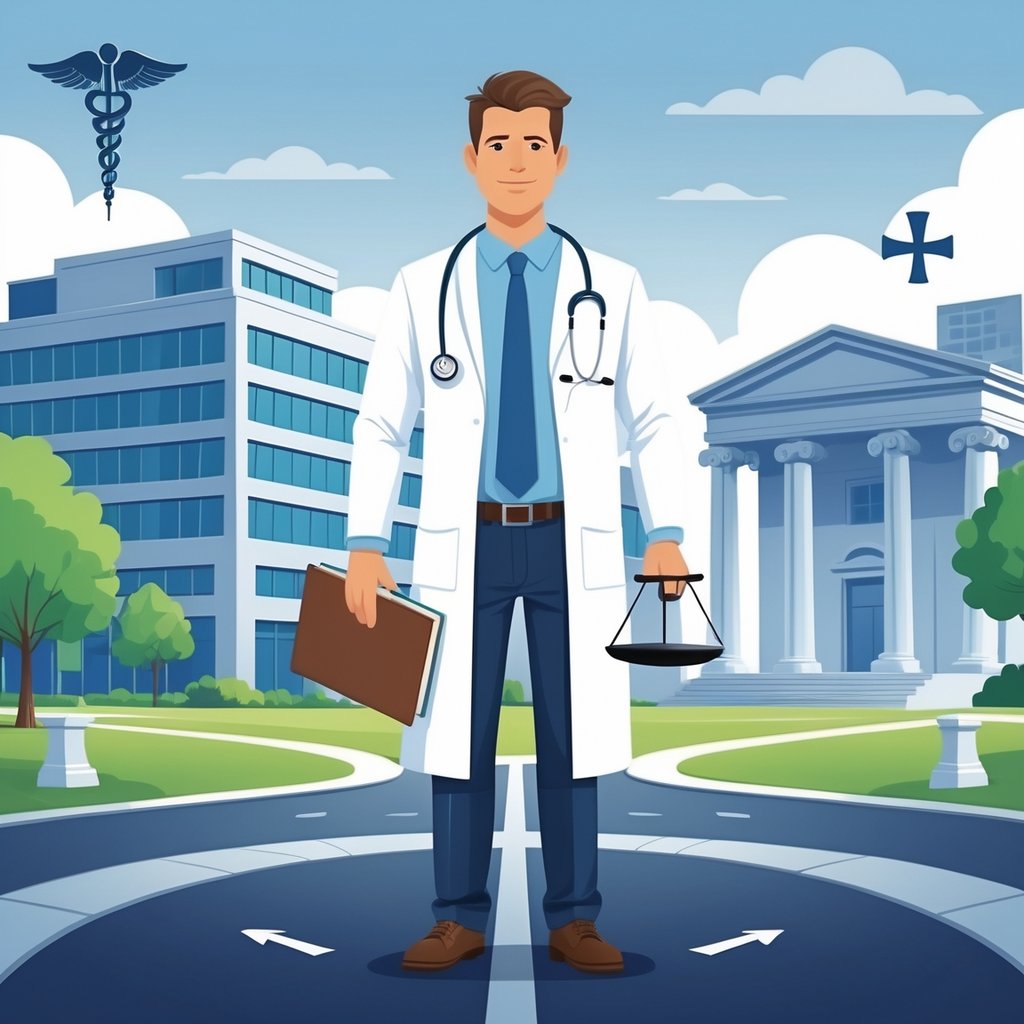 A doctor in a white coat stands between a hospital and a courthouse, holding a medical law book and a legal scale.