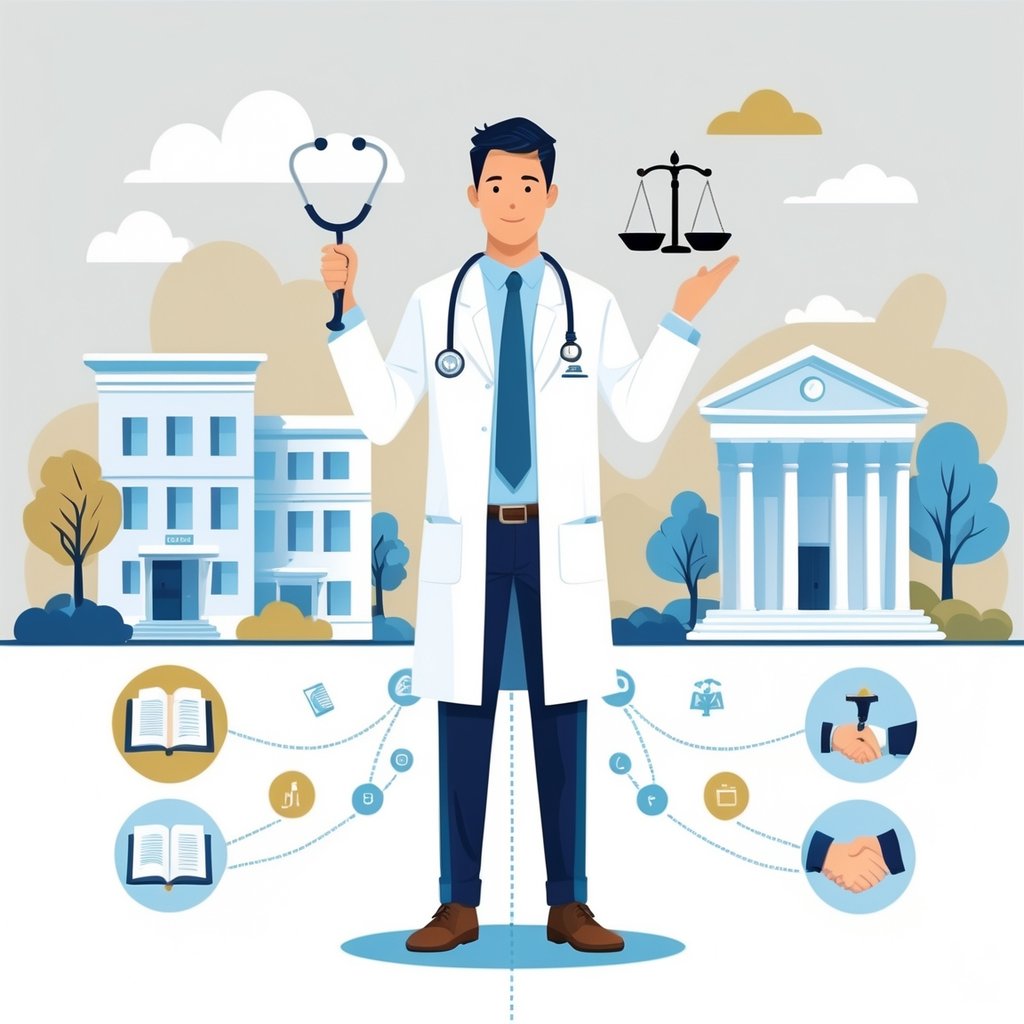 A doctor holding a stethoscope and legal scales, standing between a hospital and a courthouse connected by a pathway with icons representing education and networking.