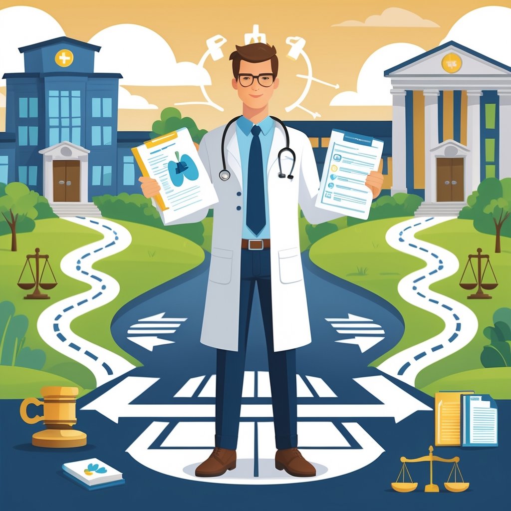 A doctor standing at a crossroads between a medical school and a law school, holding medical and legal documents, with symbols of medicine and law around.
