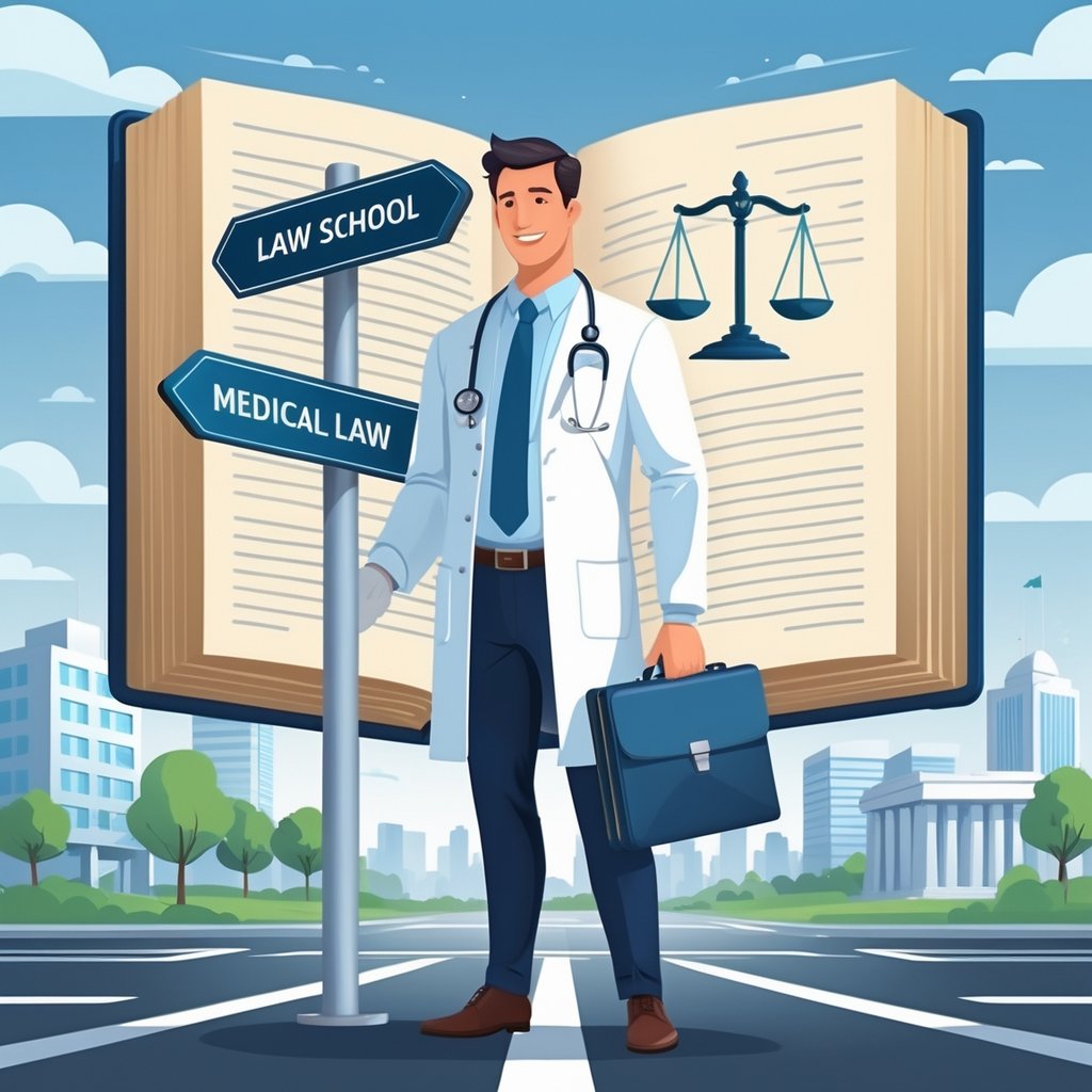 A doctor standing at a crossroads with signposts pointing to law school and medical law, holding a briefcase and medical documents, with a background showing a book featuring legal and medical symbols and a cityscape with a hospital and courthouse.
