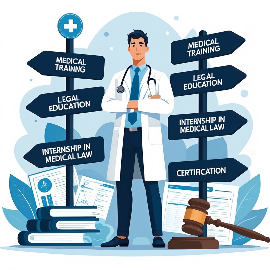 A doctor standing at a crossroads with signposts showing different career steps leading to medical law, surrounded by medical and legal symbols like books, a gavel, and a courthouse.