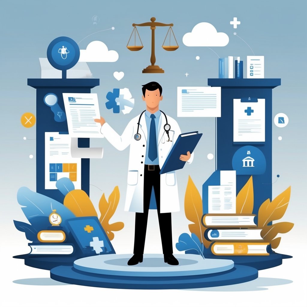 A doctor holding medical and legal documents stands at a crossroads with symbols of medicine and law around them, including a stethoscope, balanced scales, law books, and a courthouse in the background.