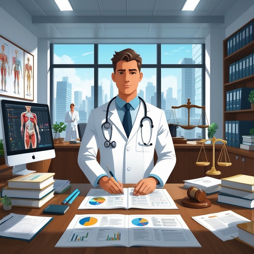 A person in a white medical coat stands in an office with medical equipment on one side and legal books and a gavel on the other, reviewing documents that combine medical and legal information.