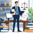 A person holding medical and legal documents stands in an office with medical and legal symbols around them, including a stethoscope, law books, and a balanced scale.
