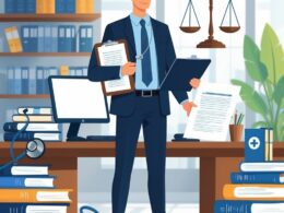 A person holding medical and legal documents stands in an office with medical and legal symbols around them, including a stethoscope, law books, and a balanced scale.