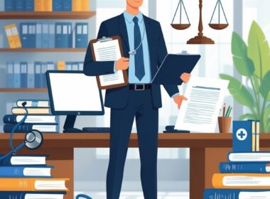 A person holding medical and legal documents stands in an office with medical and legal symbols around them, including a stethoscope, law books, and a balanced scale.