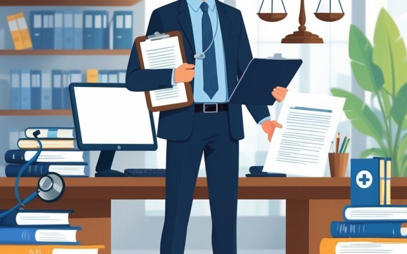 A person holding medical and legal documents stands in an office with medical and legal symbols around them, including a stethoscope, law books, and a balanced scale.