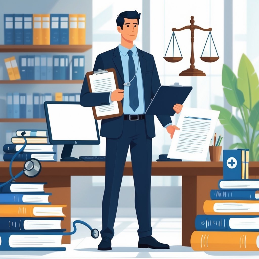 A person holding medical and legal documents stands in an office with medical and legal symbols around them, including a stethoscope, law books, and a balanced scale.