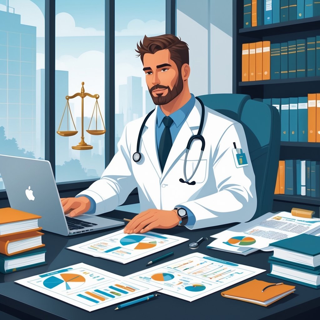 A medical consultant in a white coat reviews documents and legal files at a desk with a stethoscope and a scale of justice nearby in a professional office.