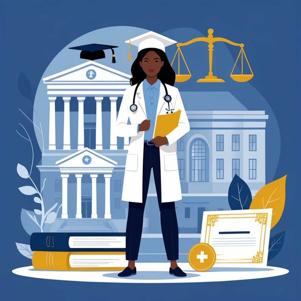 A medical consultant standing with medical and legal symbols around, including a university, law books, and a courtroom background, illustrating the education needed to become a legal medical consultant.