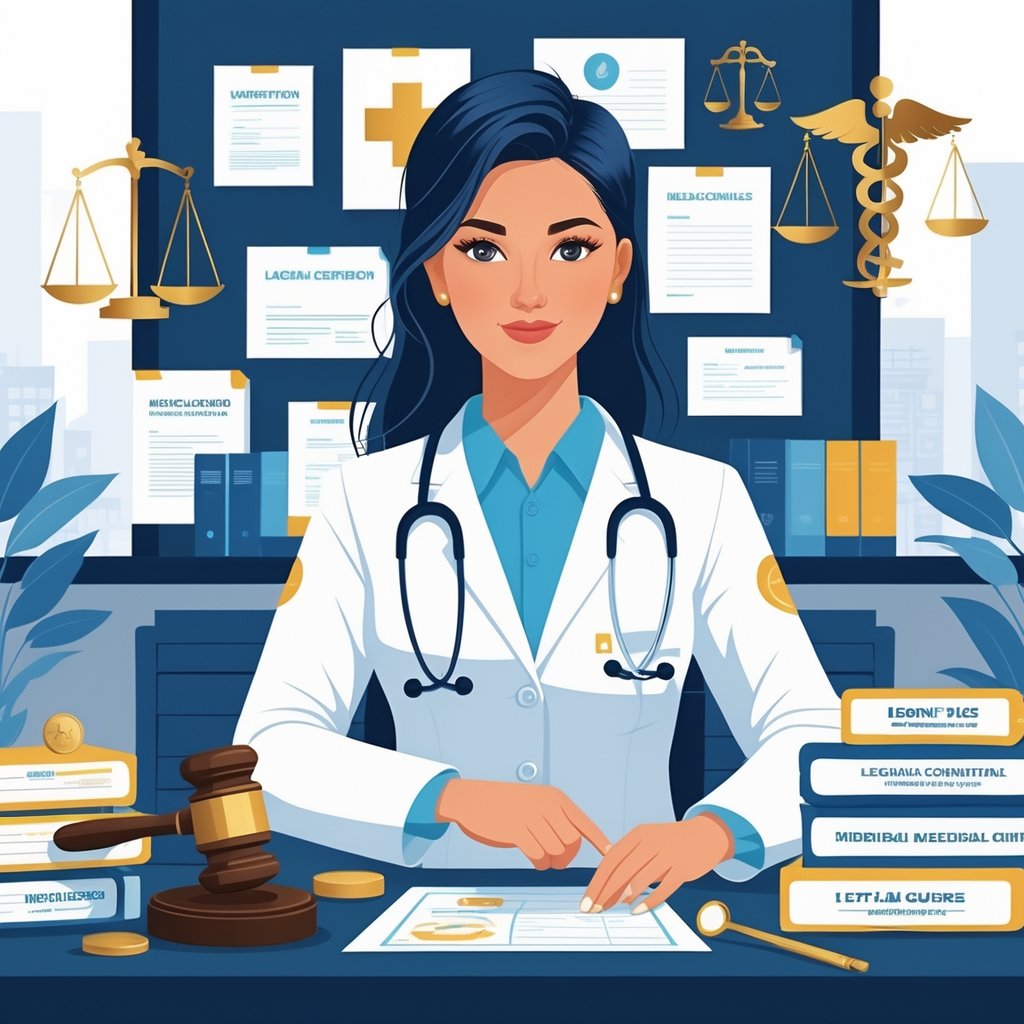A nurse in a white coat reviews medical and legal documents at a desk surrounded by symbols of law and medicine in a modern office.
