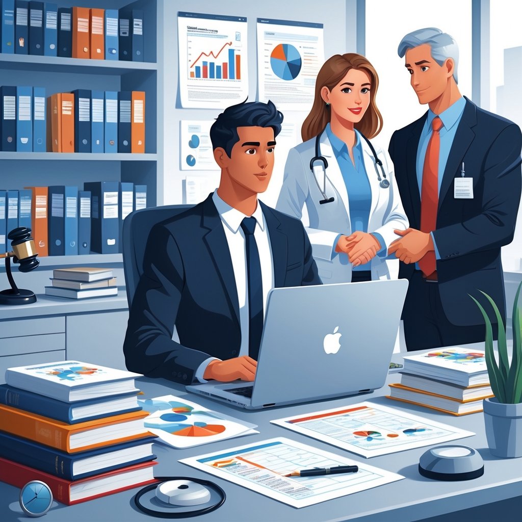 A professional sitting at a desk with medical books and legal documents, talking with two mentors in an office setting that includes a gavel and stethoscope.